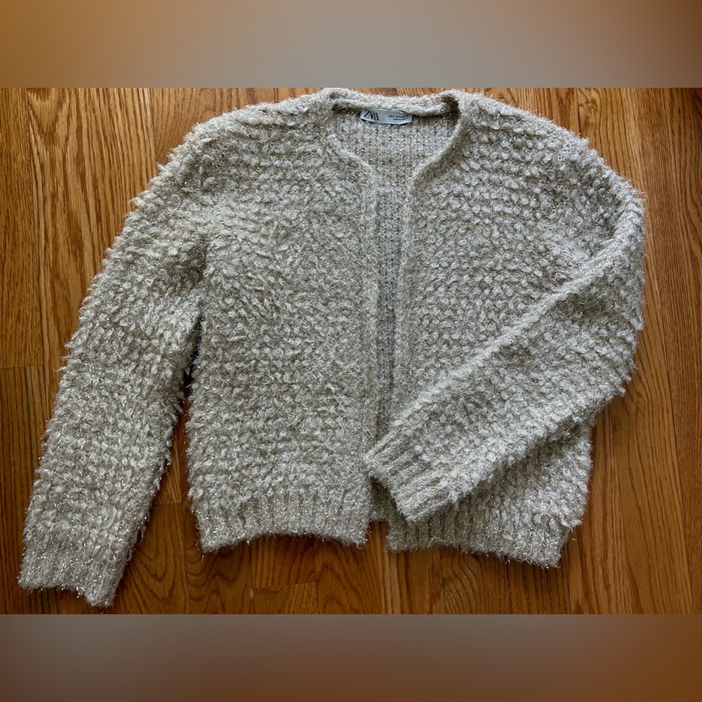 Zara Women’s Boucle Gold Specked Short Cardigan Sweater Small